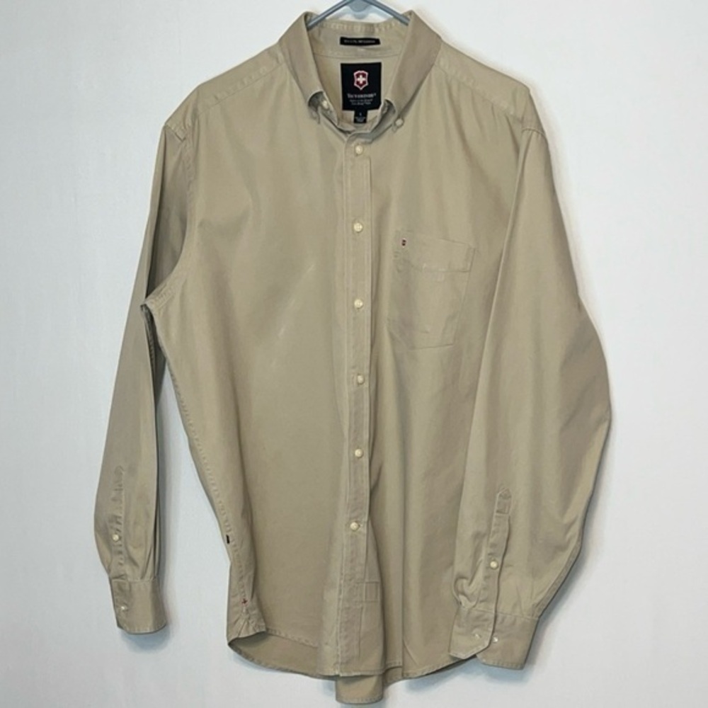 Victorinox Shirt Mens Large Beige Long Sleeve Button Down Cotton 60's 2 Ply.